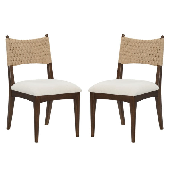 Safavieh Capriano Woven Back Walnut Wood Dining Chair with Ivory Upholstered Seat for Modern Spaces SFV4295A-SET2