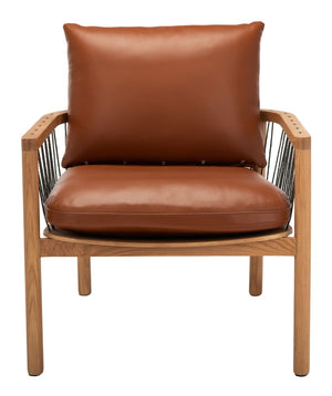 Safavieh CARAMEL Mid-Century Leather Chair - Cozy Brown Accent with Woven Details & Oak Frame for Living Spaces SFV4515A