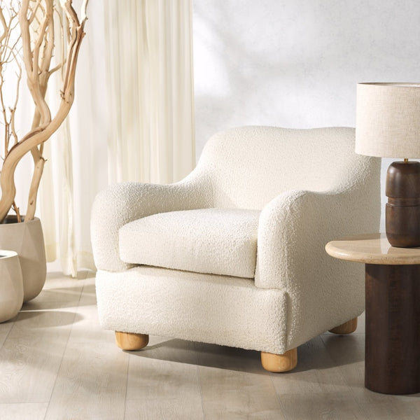 Safavieh DYANNA Boucle Accent Chair in Soft Ivory - Contemporary Comfort with Natural Wood Frame, Chic Style SFV4600A