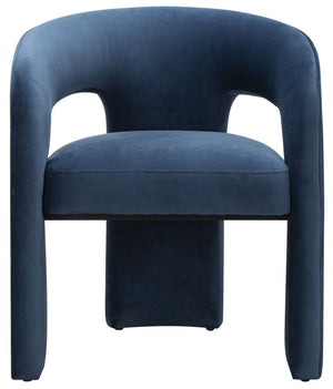 Safavieh Catharia Upholstered Dining Chair Foam Cushioned Seat Elegant Three Leg Wooden Frame Modern Style Navy Velvet SFV4602E