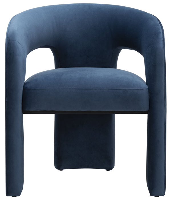 Safavieh Catharia Upholstered Dining Chair Foam Cushioned Seat Elegant Three Leg Wooden Frame Modern Style Navy Velvet SFV4602E