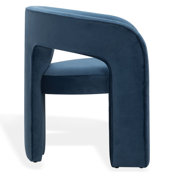 Safavieh Catharia Upholstered Dining Chair Foam Cushioned Seat Elegant Three Leg Wooden Frame Modern Style Navy Velvet SFV4602E