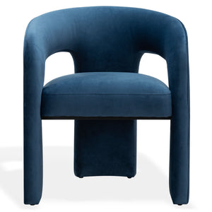 Safavieh Catharia Upholstered Dining Chair Foam Cushioned Seat Elegant Three Leg Wooden Frame Modern Style Navy Velvet SFV4602E