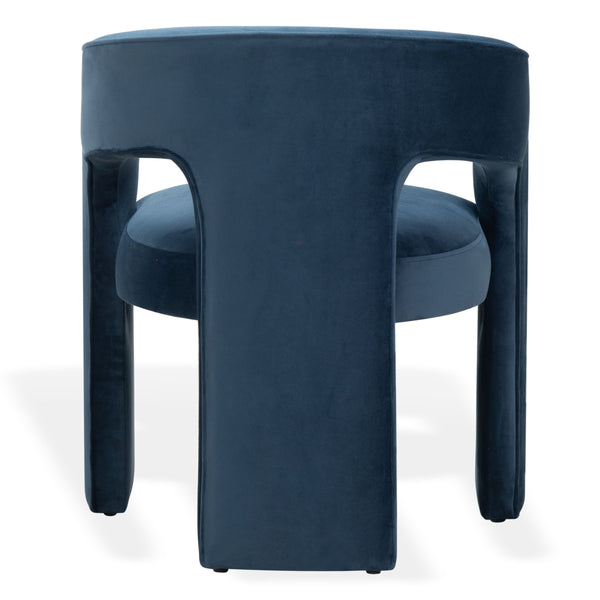 Safavieh Catharia Upholstered Dining Chair Foam Cushioned Seat Elegant Three Leg Wooden Frame Modern Style Navy Velvet SFV4602E