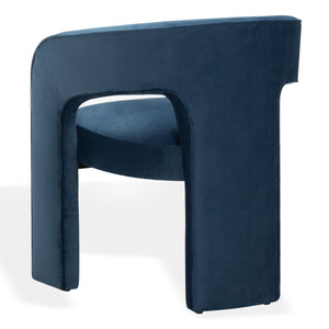 Safavieh Catharia Upholstered Dining Chair Foam Cushioned Seat Elegant Three Leg Wooden Frame Modern Style Navy Velvet SFV4602E