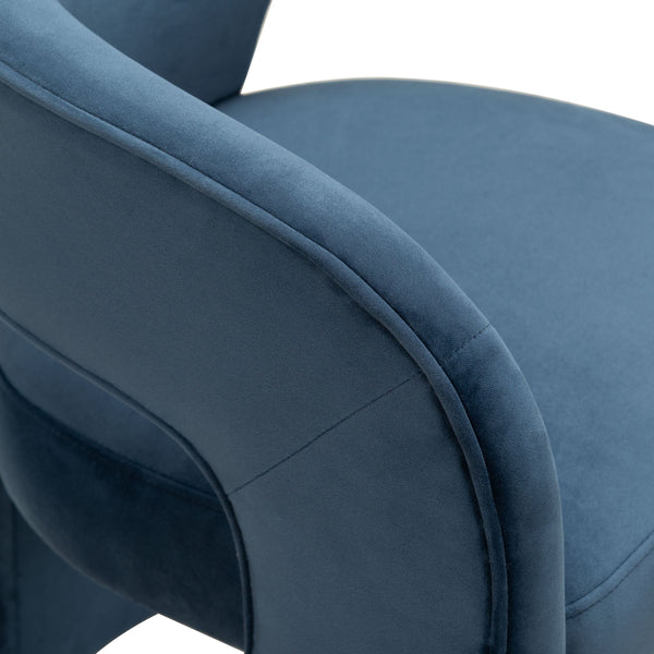 Safavieh Catharia Upholstered Dining Chair Foam Cushioned Seat Elegant Three Leg Wooden Frame Modern Style Navy Velvet SFV4602E