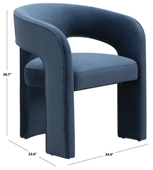 Safavieh Catharia Upholstered Dining Chair Foam Cushioned Seat Elegant Three Leg Wooden Frame Modern Style Navy Velvet SFV4602E