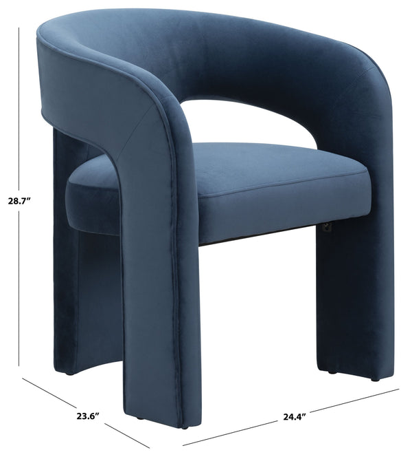 Safavieh Catharia Upholstered Dining Chair Foam Cushioned Seat Elegant Three Leg Wooden Frame Modern Style Navy Velvet SFV4602E