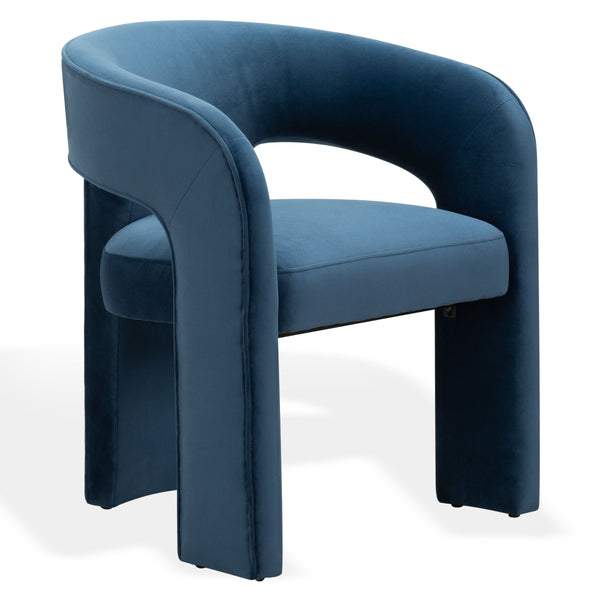 Safavieh Catharia Upholstered Dining Chair Foam Cushioned Seat Elegant Three Leg Wooden Frame Modern Style Navy Velvet SFV4602E