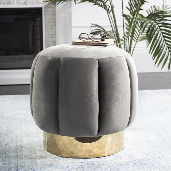 Safavieh MAXINE Channel Tufted Bouclé Ottoman - Chic Ivory Accent with Gold Legs for Modern Living Spaces Dark Grey / Gold SFV4707B