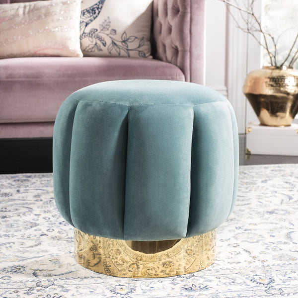 Safavieh MAXINE Channel Tufted Bouclé Ottoman - Chic Ivory Accent with Gold Legs for Modern Living Spaces Seafoam / Gold SFV4707C
