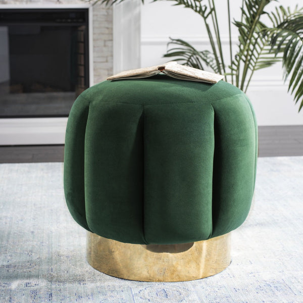 Safavieh MAXINE Channel Tufted Bouclé Ottoman - Chic Ivory Accent with Gold Legs for Modern Living Spaces Emerald / Gold SFV4707D