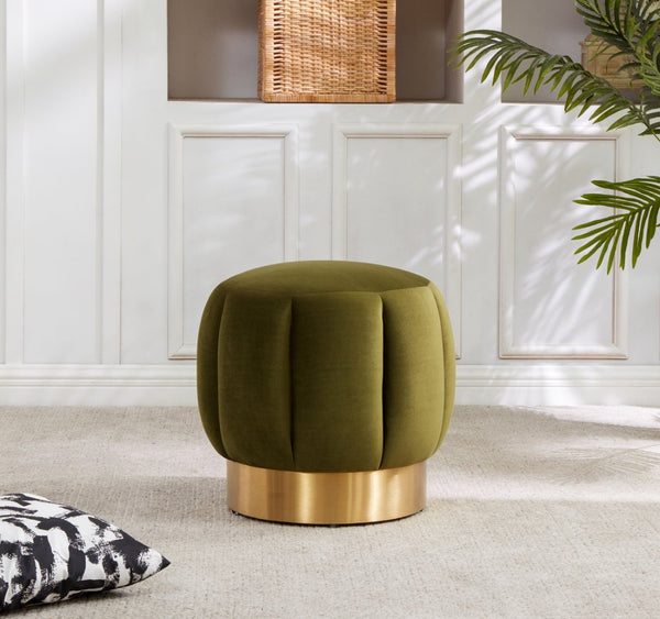 Safavieh MAXINE Channel Tufted Bouclé Ottoman - Chic Ivory Accent with Gold Legs for Modern Living Spaces Olive SFV4707J
