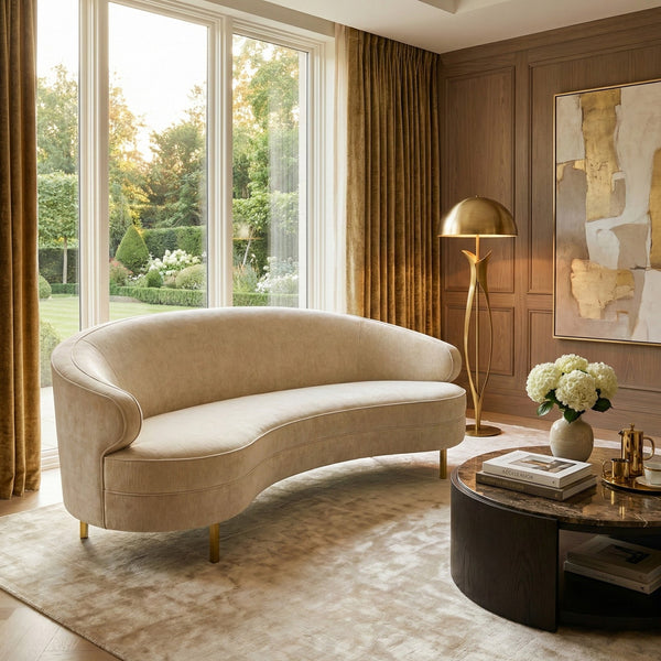 Primrose Curved Sofa With Plush Taupe Upholstery And Polished Metal Accents For Luxe Living Rooms