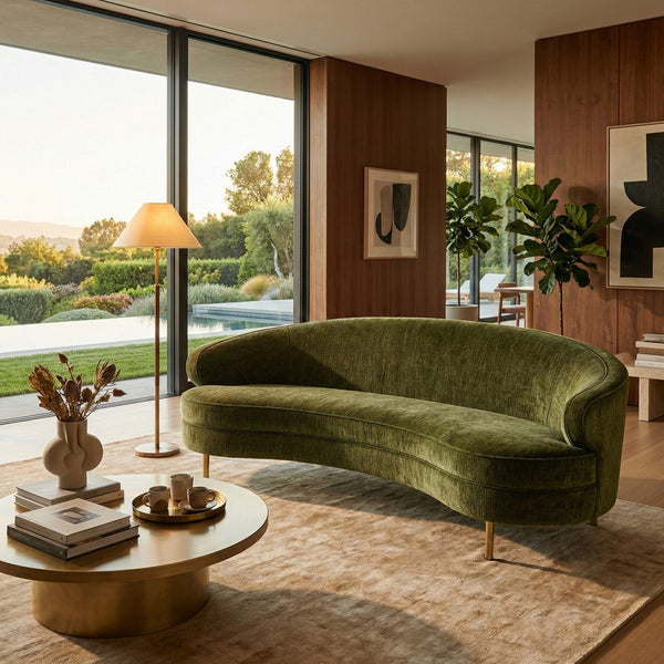 Primrose Curved Sofa With Plush Taupe Upholstery And Polished Metal Accents For Luxe Living Rooms