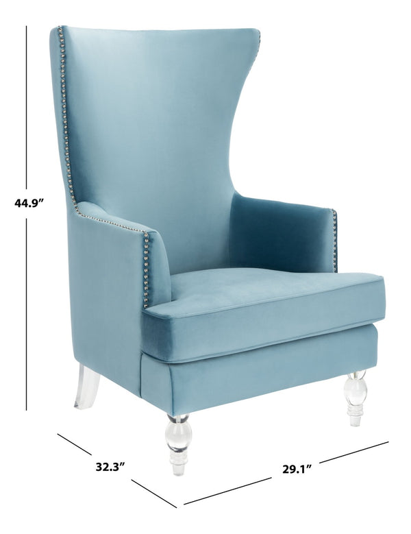 Safavieh GEODE Modern Wingback Chair - Luxurious Velvet Upholstery with Acrylic Legs for Stylish Comfort Light Blue SFV4745B