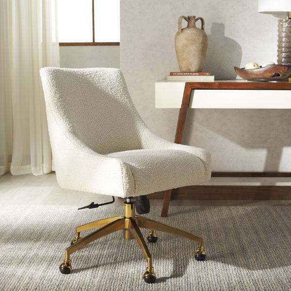 Safavieh JAKOB Adjustable Swivel Desk Chair - Stylish Comfort for Modern Workspaces with Plush Support Ivory / Gold SFV4776E