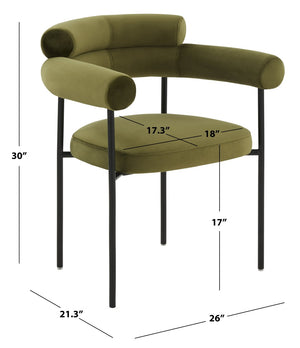 Safavieh JASLENE Curved Back Dining Chair - Elegant Olive Green Velvet with Sleek Black Metal Legs for Style SFV4791D