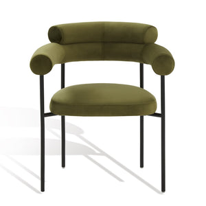 Safavieh JASLENE Curved Back Dining Chair - Elegant Olive Green Velvet with Sleek Black Metal Legs for Style SFV4791D