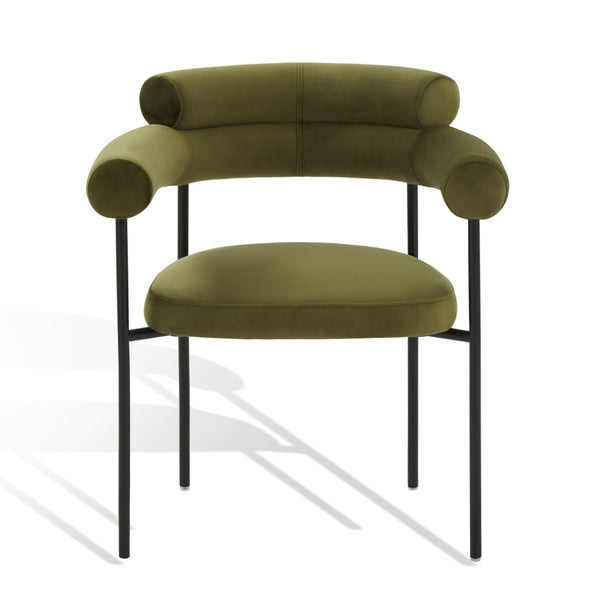 Safavieh JASLENE Curved Back Dining Chair - Elegant Olive Green Velvet with Sleek Black Metal Legs for Style SFV4791D