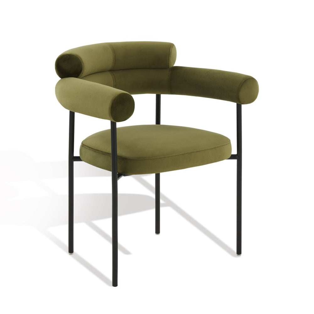 Safavieh JASLENE Curved Back Dining Chair - Elegant Olive Green Velvet with Sleek Black Metal Legs for Style SFV4791D