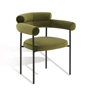 Safavieh JASLENE Curved Back Dining Chair - Elegant Olive Green Velvet with Sleek Black Metal Legs for Style SFV4791D