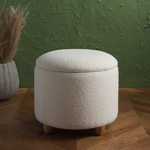 Safavieh MARIABELLA Boucle Ottoman - Modern Drum Design with Elegant Storage for Stylish Living Spaces Ivory SFV4793A