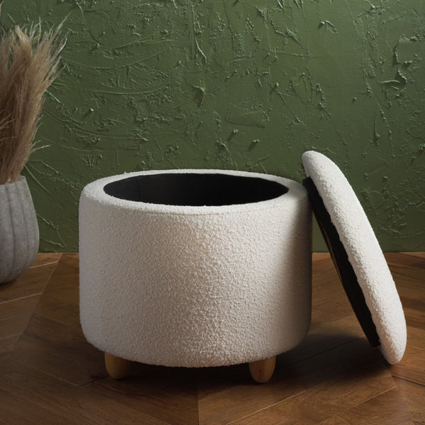 Safavieh MARIABELLA Boucle Ottoman - Modern Drum Design with Elegant Storage for Stylish Living Spaces Ivory SFV4793A