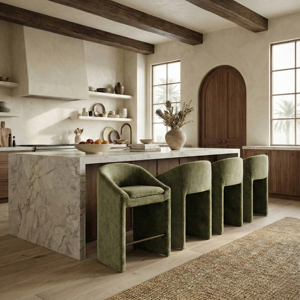 Kagan Plush Chenille Counter Stool With High-Density Foam, Solid Wood Frame And Metal Footrest