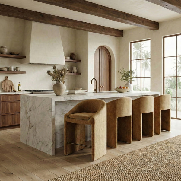 Kagan Plush Chenille Counter Stool With High-Density Foam, Solid Wood Frame And Metal Footrest