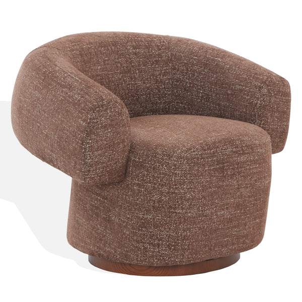 Safavieh Kerriann Barrel Back Swivel Accent Chair Ashwood Frame Foam Cushion Living Room DARK BROWN SFV4886B