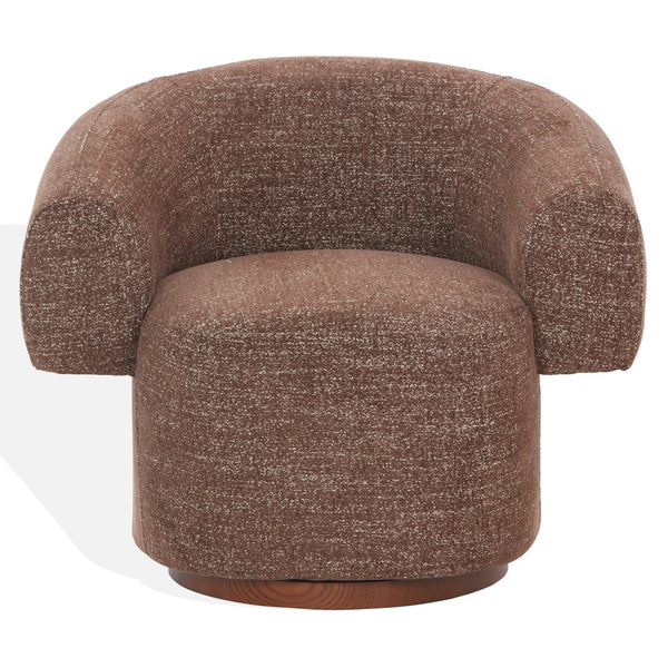 Safavieh Kerriann Barrel Back Swivel Accent Chair Ashwood Frame Foam Cushion Living Room DARK BROWN SFV4886B