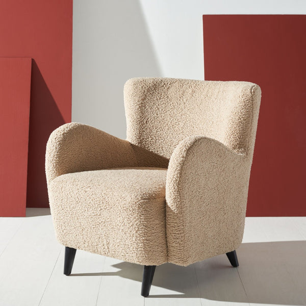 Safavieh RAYANNE Boucle Modern Wingback Chair - Stylish Comfort for Living Rooms & Reading Nooks Light Brown SFV5020B
