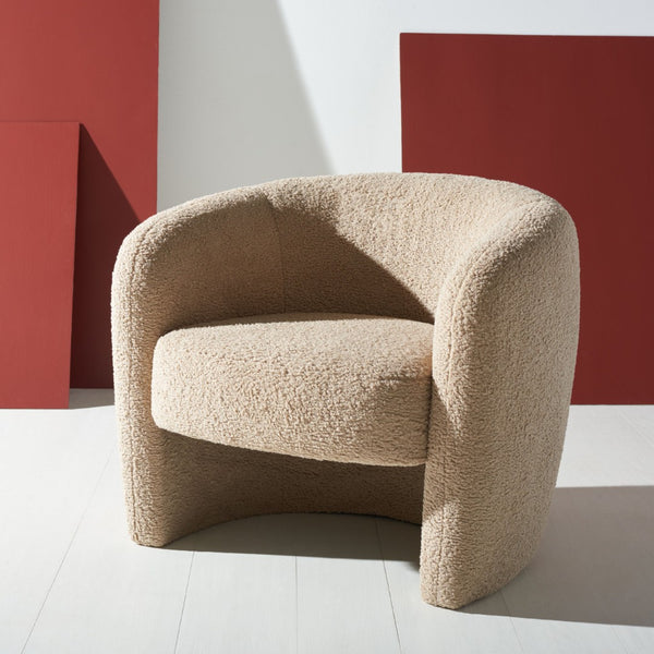 Safavieh EVERLY Boucle Barrel Back Accent Chair - Contemporary Comfort with Elegant Design for Any Space Light Brown SFV5029C