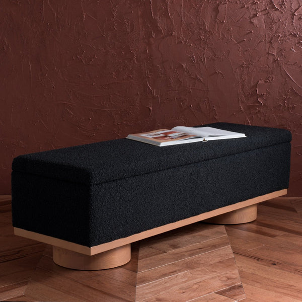 Safavieh VIANNA Boucle Bench - Modern Plush Seating with Warm Ash Wood Accents for Entryways and Living Spaces Black / Natural SFV5049C
