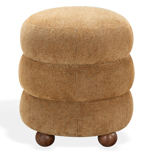 Safavieh Cecelia Round Channel Tufted Fabric Ottoman with Walnut Wood Base for Living Room MUSTARD / WALNUT SFV5133E