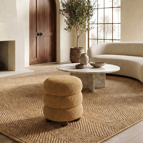 Safavieh Cecelia Round Channel Tufted Fabric Ottoman with Walnut Wood Base for Living Room MUSTARD / WALNUT SFV5133E