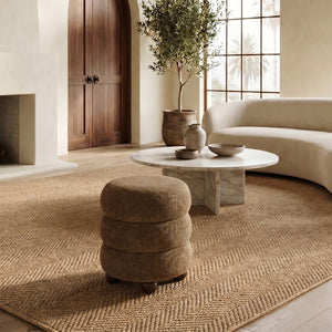 Safavieh Cecelia Round Channel Tufted Fabric Ottoman with Walnut Wood Base for Living Room DARK BROWN / WALNUT SFV5133F