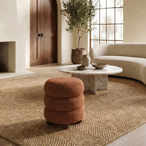 Safavieh Cecelia Round Channel Tufted Fabric Ottoman with Walnut Wood Base for Living Room RUST / WALNUT SFV5133G
