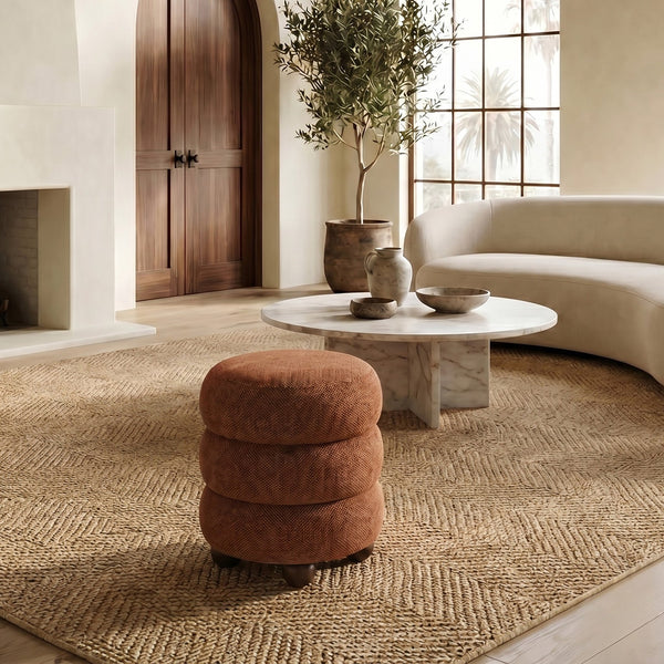 Safavieh Cecelia Round Channel Tufted Fabric Ottoman with Walnut Wood Base for Living Room RUST / WALNUT SFV5133G