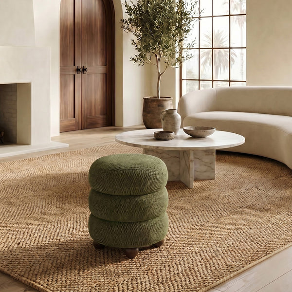 Safavieh Cecelia Round Channel Tufted Fabric Ottoman with Walnut Wood Base for Living Room DARK GREEN / WALNUT SFV5133H