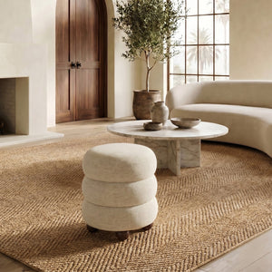 Safavieh Cecelia Round Channel Tufted Fabric Ottoman with Walnut Wood Base for Living Room TAUPE / WALNUT SFV5133I