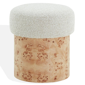 Safavieh Tobianna Round Boucle Ottoman - Elegant Cream Fabric With Timeless Wood Base For Stylish Living Spaces Cream ,Burl Wood ,Fabric ,Foam Sfv5149a