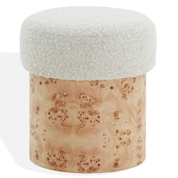 Safavieh Tobianna Round Boucle Ottoman - Elegant Cream Fabric With Timeless Wood Base For Stylish Living Spaces Cream ,Burl Wood ,Fabric ,Foam Sfv5149a