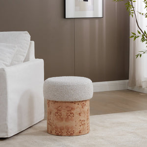 Safavieh Tobianna Round Boucle Ottoman - Elegant Cream Fabric With Timeless Wood Base For Stylish Living Spaces Cream ,Burl Wood ,Fabric ,Foam Sfv5149a
