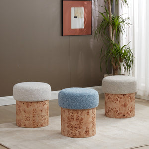 Safavieh Tobianna Round Boucle Ottoman - Elegant Cream Fabric With Timeless Wood Base For Stylish Living Spaces Cream ,Burl Wood ,Fabric ,Foam Sfv5149a