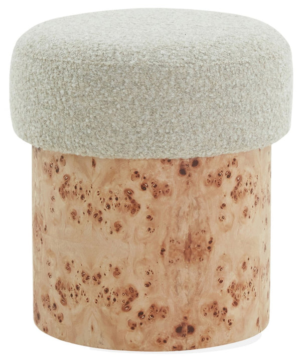 Safavieh Tobianna Round Boucle Ottoman - Elegant Cream Fabric With Timeless Wood Base For Stylish Living Spaces Beige ,Burl Wood ,Fabric ,Foam Sfv5149b