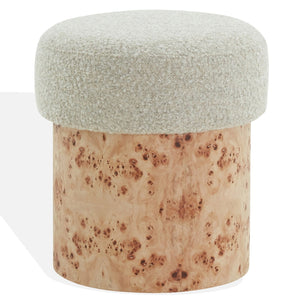 Safavieh Tobianna Round Boucle Ottoman - Elegant Cream Fabric With Timeless Wood Base For Stylish Living Spaces Beige ,Burl Wood ,Fabric ,Foam Sfv5149b