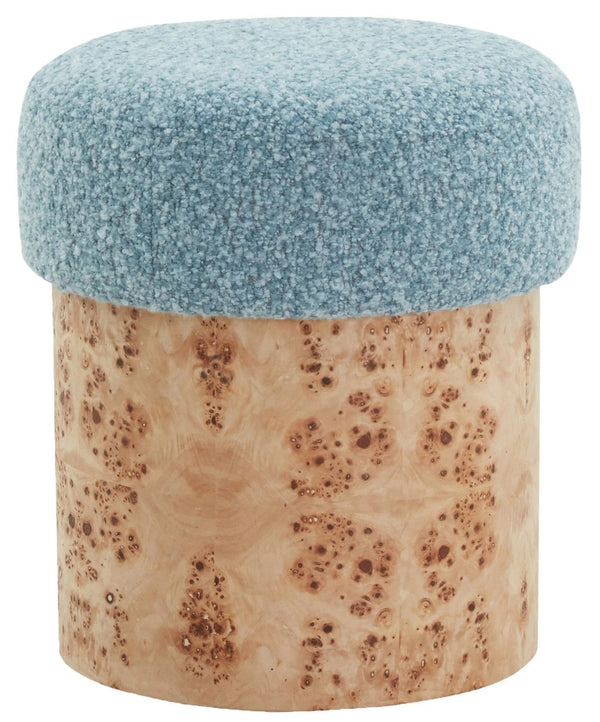 Safavieh Tobianna Round Boucle Ottoman - Elegant Cream Fabric With Timeless Wood Base For Stylish Living Spaces Blue ,Burl Wood ,Fabric ,Foam Sfv5149c