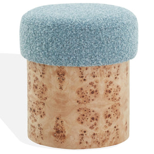 Safavieh Tobianna Round Boucle Ottoman - Elegant Cream Fabric With Timeless Wood Base For Stylish Living Spaces Blue ,Burl Wood ,Fabric ,Foam Sfv5149c